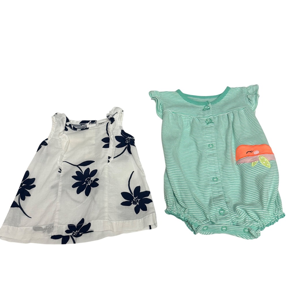Carters Baby Girl 3M Floral Sleeveless Top and Mint Striped Whale Romper Lot